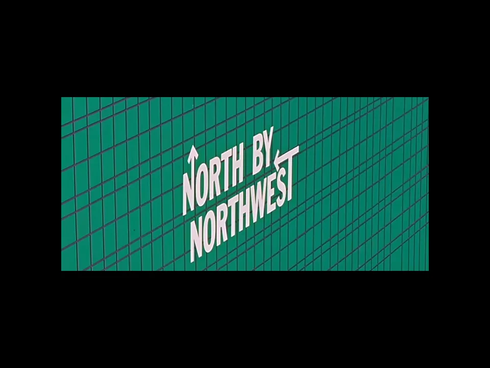 绿色背景上,多组斜向线组成几何网格;白色 NORTH BY NORTHWEST 片名与方向箭头叠在网格上。