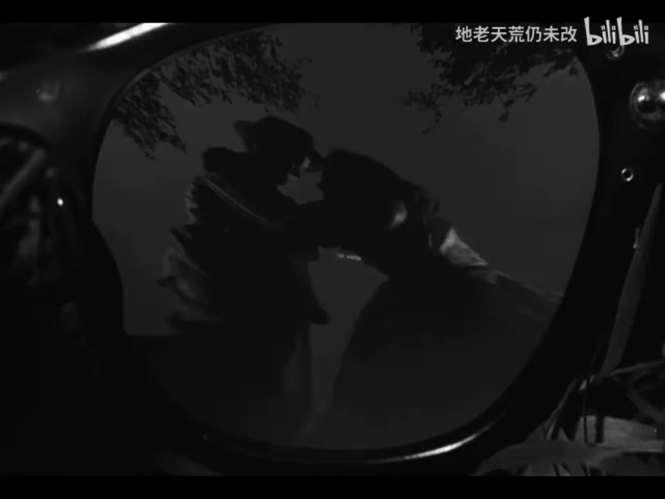 一枚圆形眼镜镜片占据画面中央;镜片内可见 Bruno 的帽檐、双臂与 Miriam 变形的身体轮廓,镜架边缘留在前景。